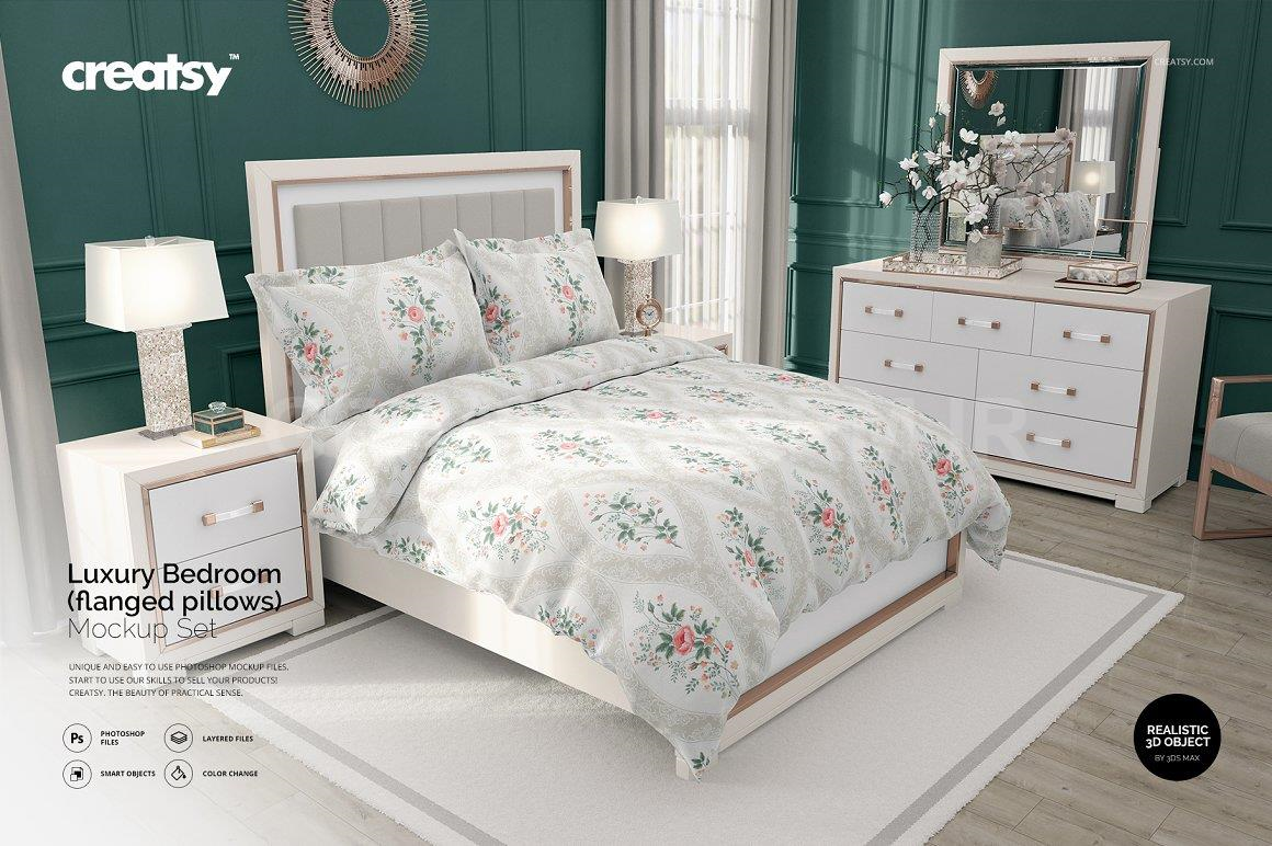 Luxury Bedroom Mockup (flanged p.) | Apparel Mockups