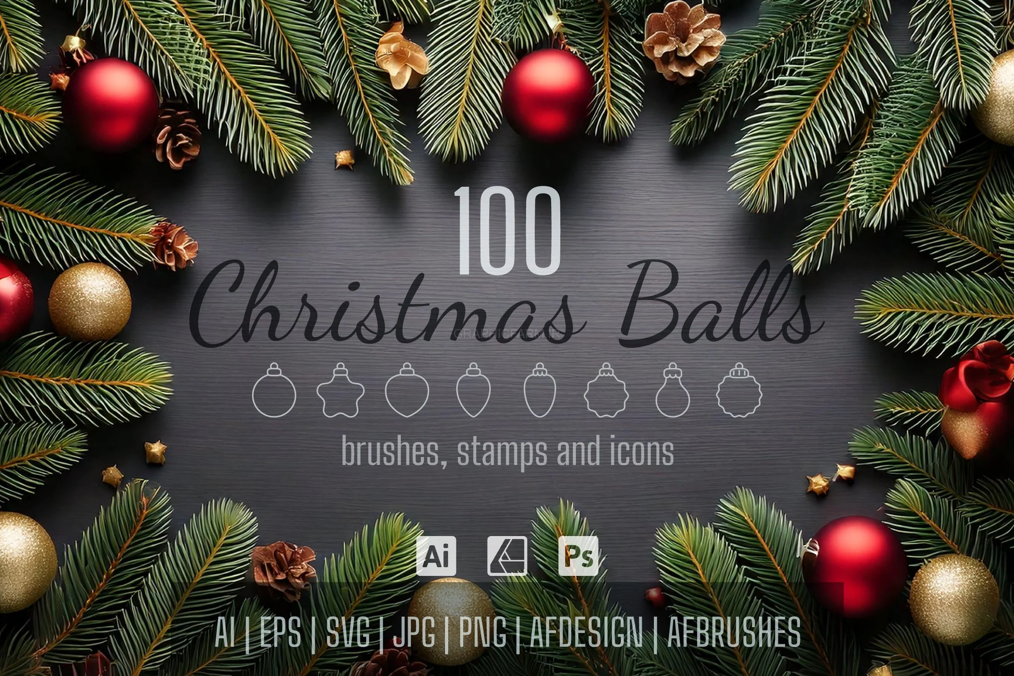 100 Christmas Ball Icons, Happy New Year Brushes