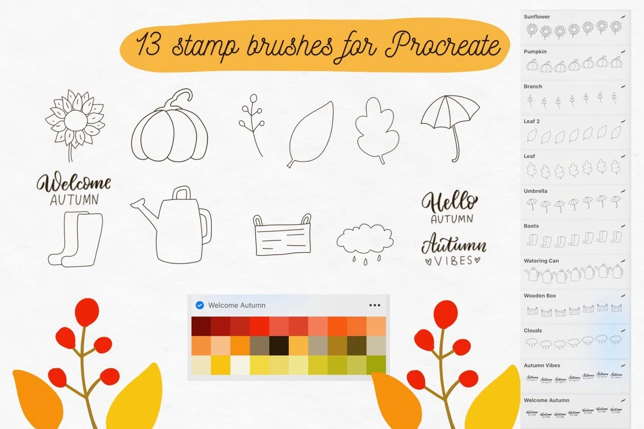 Autumn Garden Procreate Stamp Brushes And Swatches