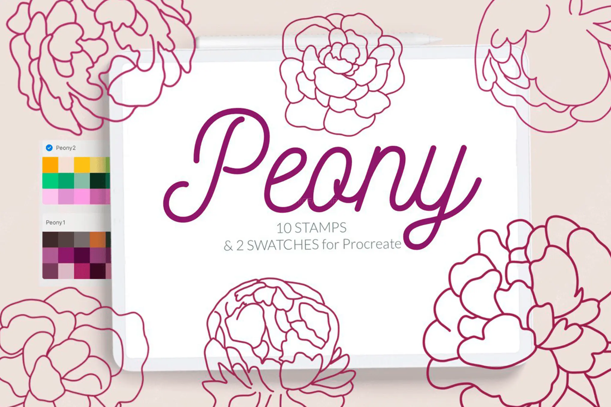 Peony Procreate Stamp Brushes Line Art