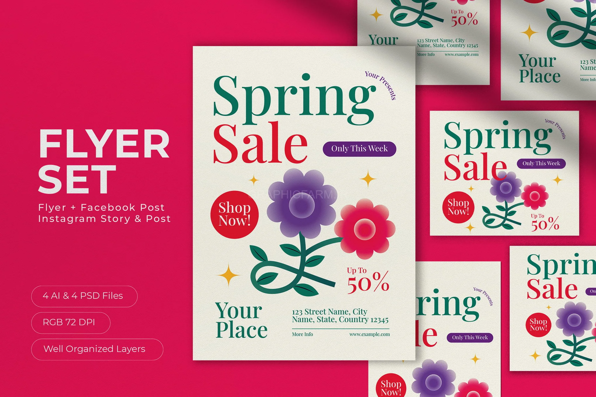 Red Purple Gradient Spring Sale Flyer Set