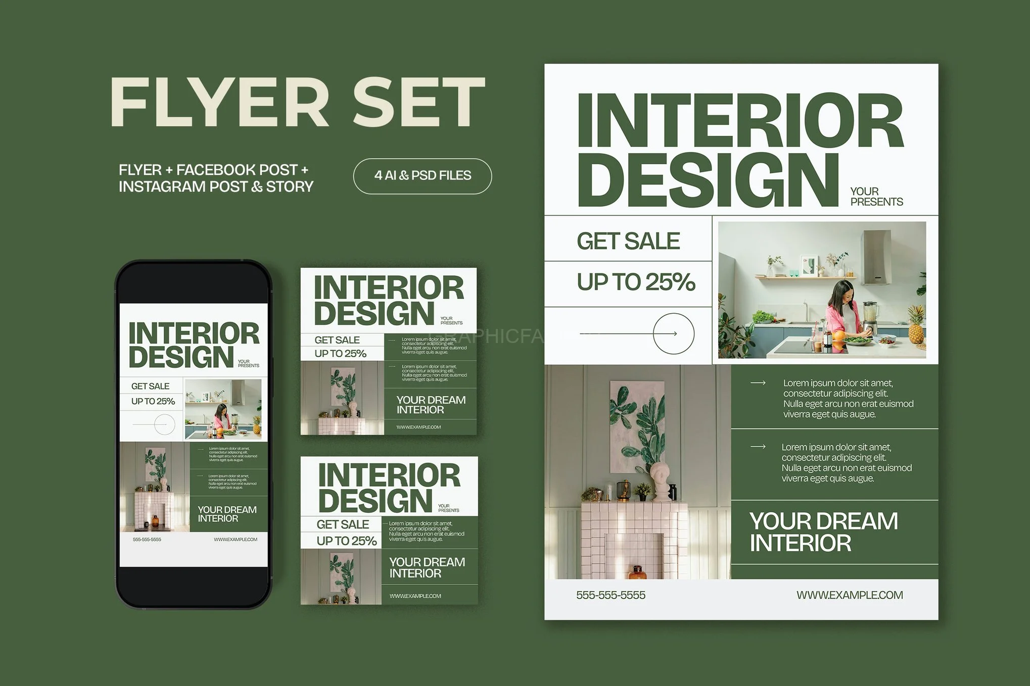 White Green Utilitarian Interior Design Flyer Set