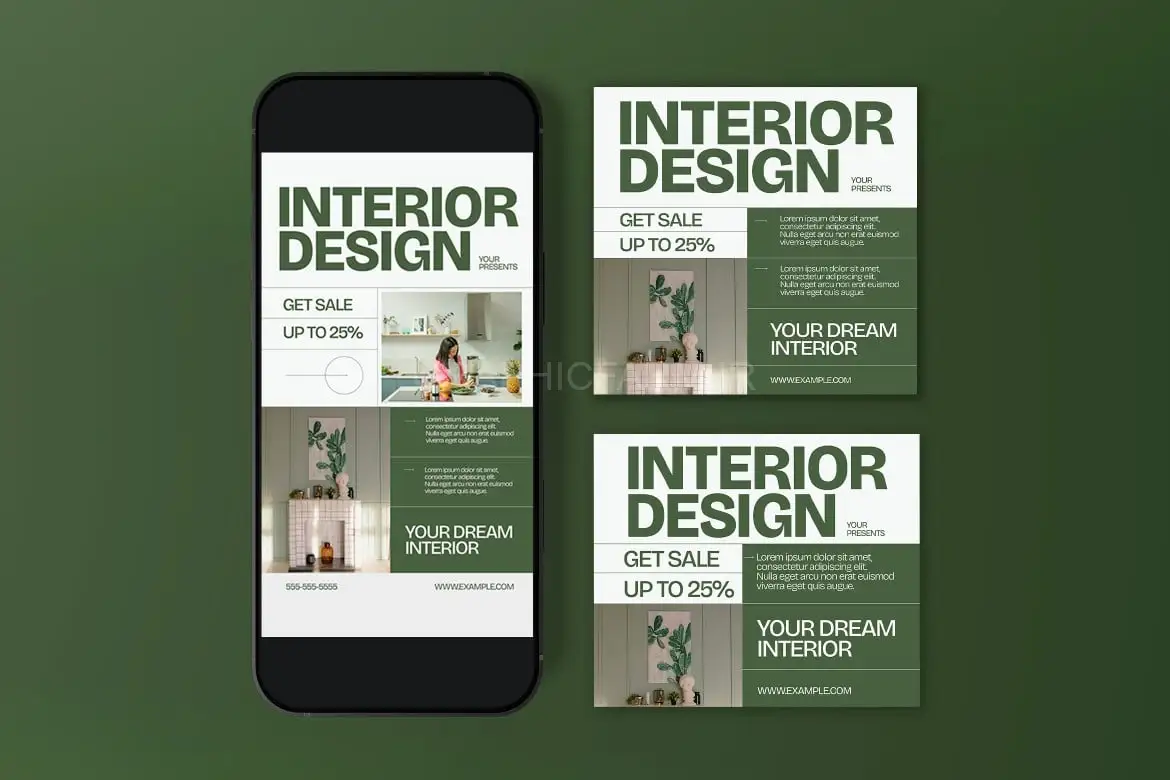 White Green Utilitarian Interior Design Flyer Set