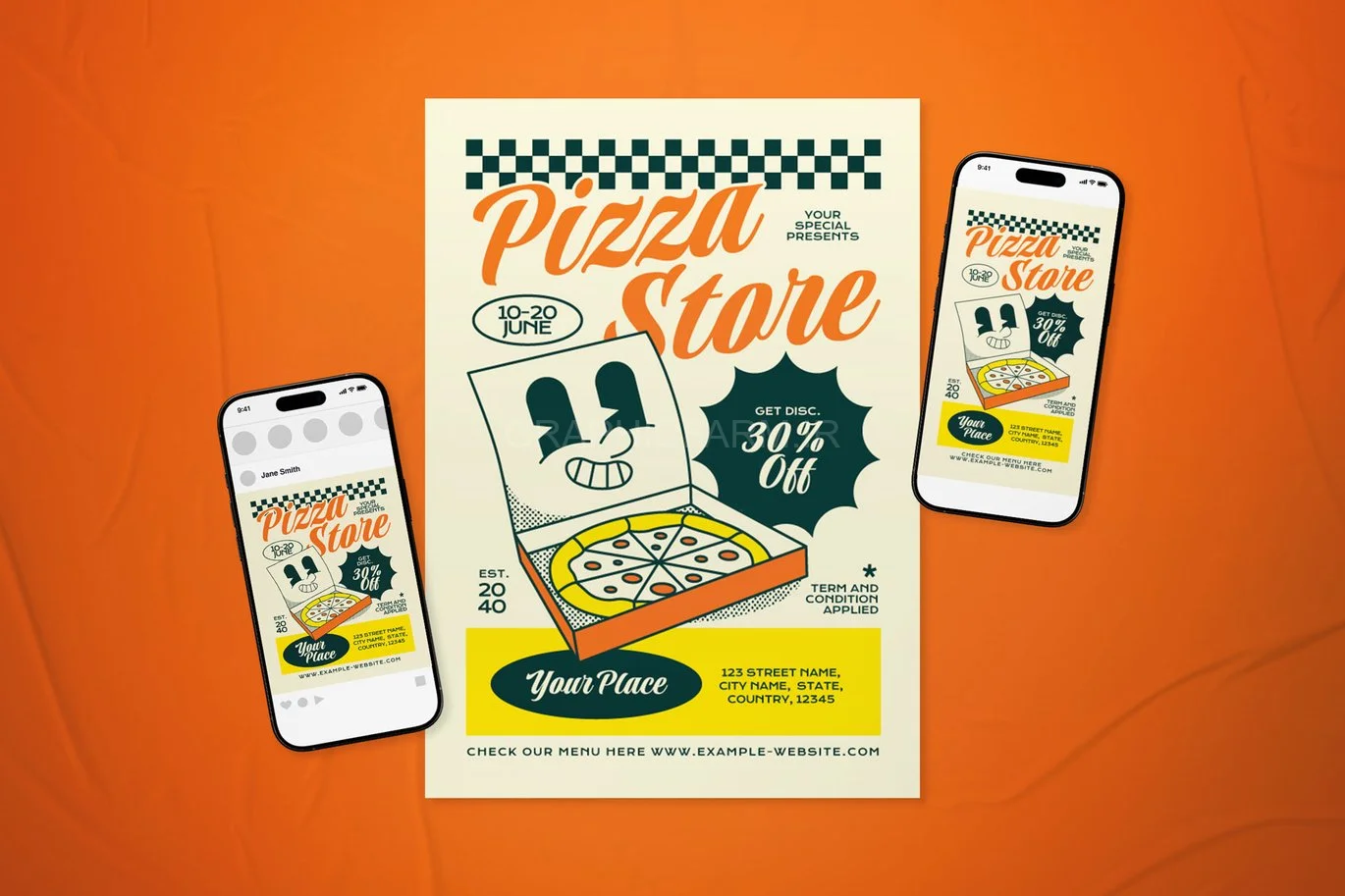 Orange Retro Pizza Store Opening Flyer Set