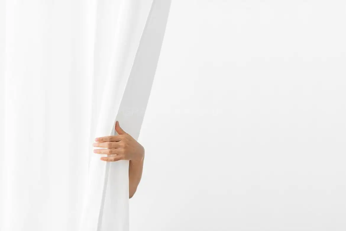 Hand Opening A White Curtain Mockup