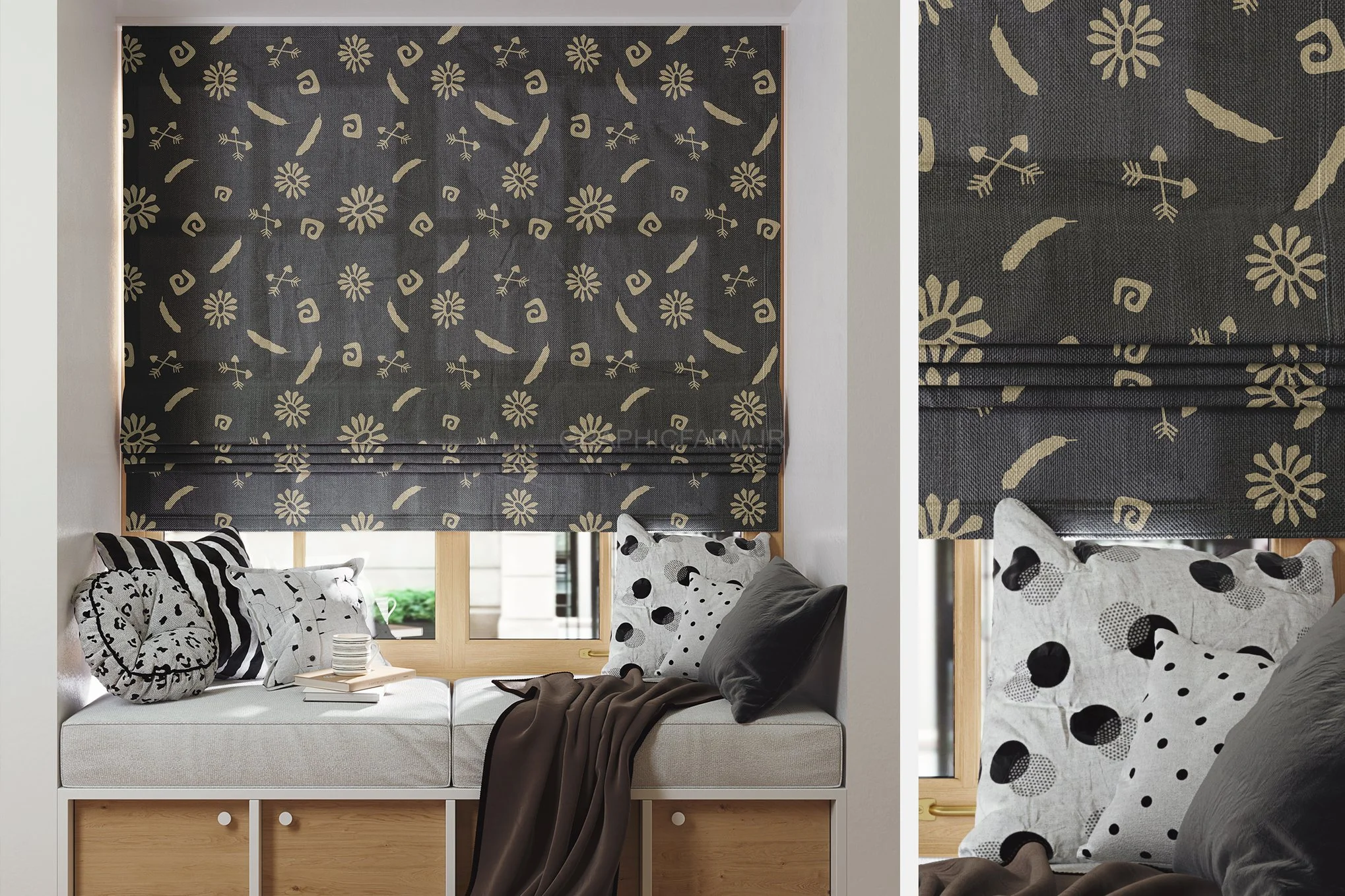 Roman Blind On Window With Wide Windowsill Mockup