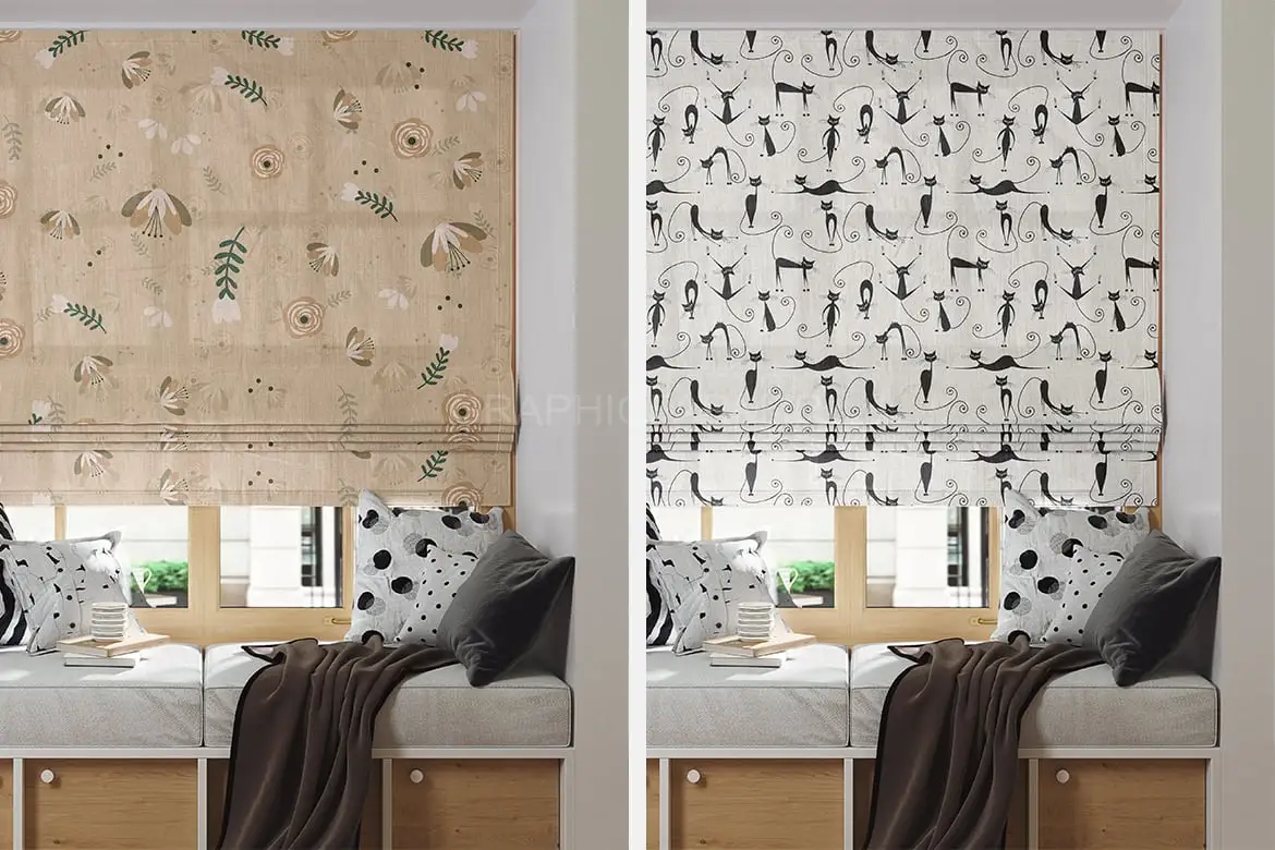 Roman Blind On Window With Wide Windowsill Mockup