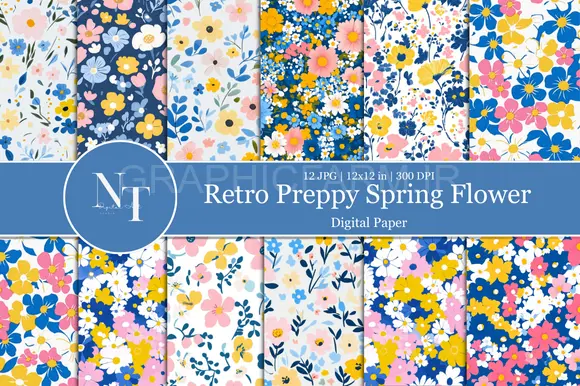 Retro Preppy Spring Floral Digital Paper