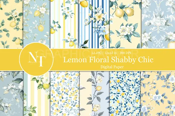 Lemon Floral Shabby Chic Digital Paper