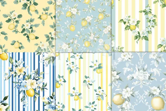 Lemon Floral Shabby Chic Digital Paper