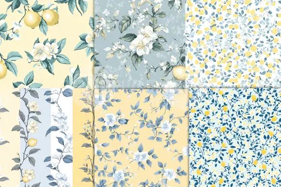 Lemon Floral Shabby Chic Digital Paper