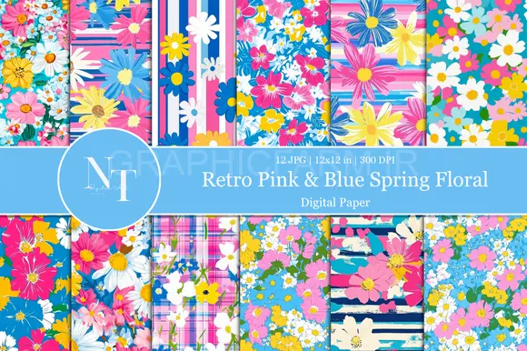 Retro Pink And Blue Floral Digital Paper