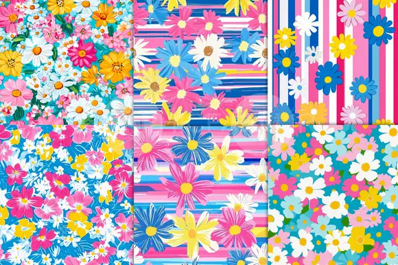 Retro Pink And Blue Floral Digital Paper