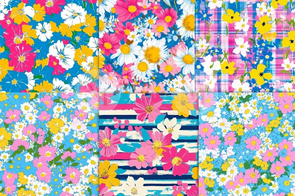 Retro Pink And Blue Floral Digital Paper
