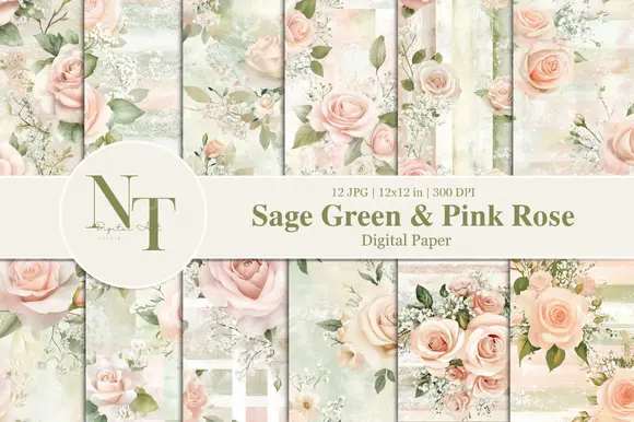 Sage Green & Pink Rose Digital Paper