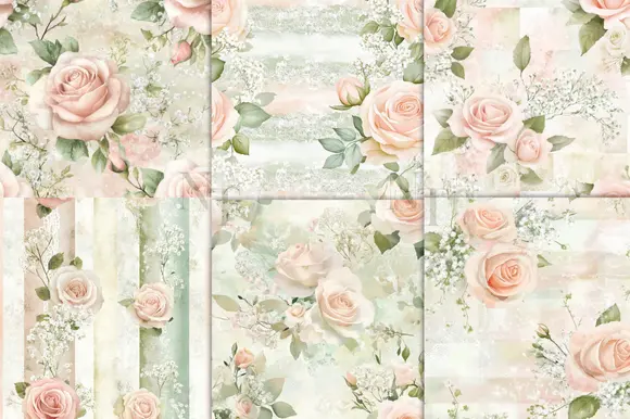Sage Green & Pink Rose Digital Paper