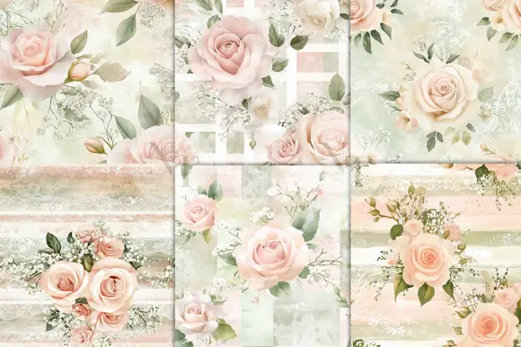 Sage Green & Pink Rose Digital Paper