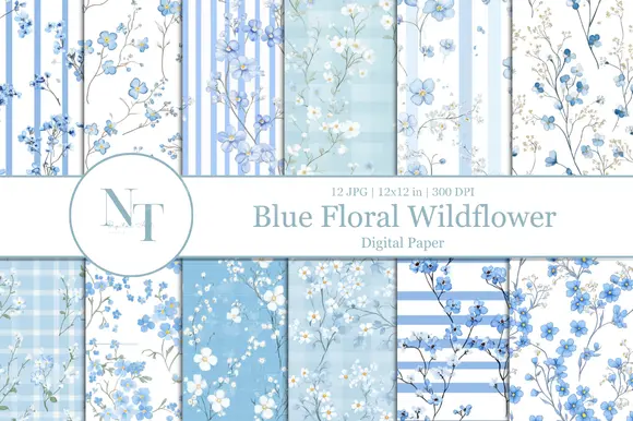 Blue Floral Wildflower Digital Paper